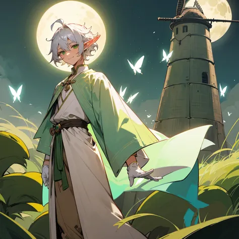 elf, male, silver hair,short hair, medium cut, ahoge, curly hair, green eyes, fair skin, green  wizard celt robe, robe with cont...