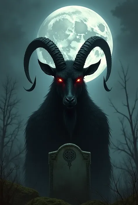 Black Goat Face, by the long, big horn,red eyes in front of a tombstone, On a full moon night