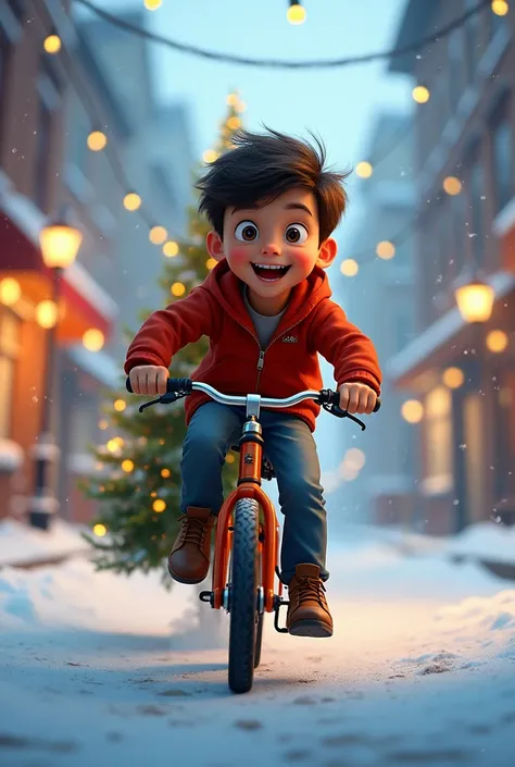 Side view image of a  boy riding a bmx style bike pulling a Christmas tree with a rope tied to the bike