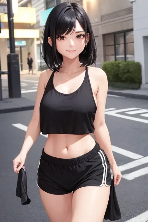 a girl with shoulder-length black hair wearing shorts and a low-cut top in black, sensual teenager, Big breasts, slender, mischievous smile, gym clothes, IN SLIPPERS, walking down the street at night