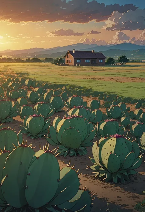 Draw a simple Tintin style art of a desert field with prickly pear plantation infernal sunset country house meadows sky!!! clouds!! detailed in a field, anime nature, Makoto Shinkai!, anime beautiful peace scene, anime countryside landscape, animated art b...