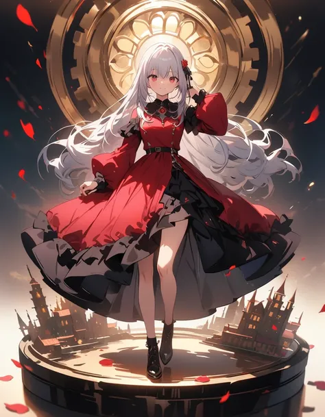 masterpiece, highest quality, Very detailed, figure, 20 years old, One girl, confident、Charm Points、long hair, white hair, red eyes, (The theme is fantasy modern aristocrat mix fashion)、red dress and suit, elegan、modernism、impressionism、(Full Body)、roses p...