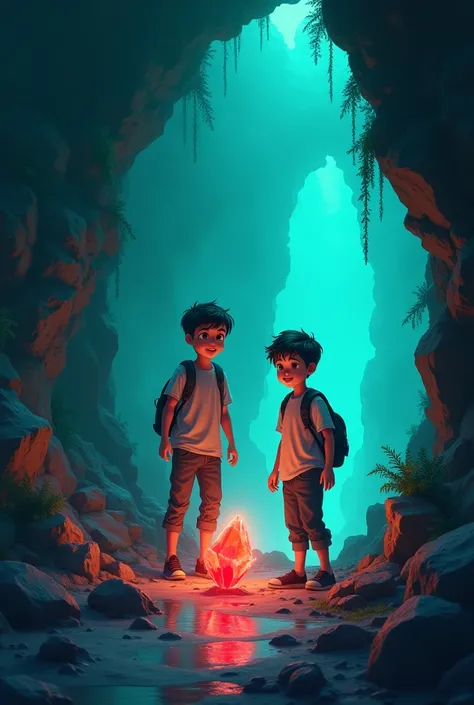 Two teenage boys entering a mysterious cave in shades of blue and green. One of the boys emits light, and in the cave there is a small red crystal. The image needs to have warmth and love