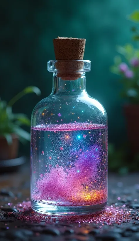 Professional photography, Digital Art, Close-up shot of a magical alchemist glass bottle with、Contains glitter and sparkling light star dust in vibrant gradient colors, Dream Potion, Medieval Theme, Fantasy　green