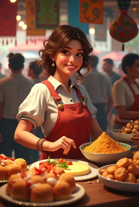 Beautiful girl with light brown hair,round face and a little chubby with a good realistic Bolivian vibe ,chef ,selling desserts , the masses ,quality pastries and food 
