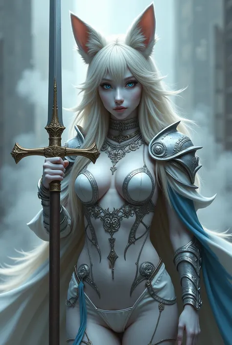   him:(Fox slave with big breasts armor) gray skin,garter,  holy sword, Pale golden hair and blue eyes.. She prefers white and silver clothing with a mystical cloak of deep blue or red. ., Gray smoke fog background, Huge_Tits, ((very precise and detailed))...