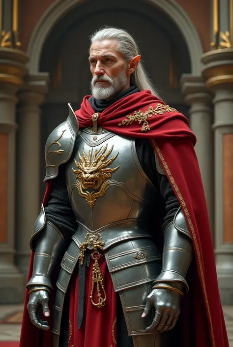 We see a 510" Elven man standing in the great hall. He is wearing polished, silver steel armor with a dragon embossed on the breast plate in gold. Over his armor he is wearing a red cloak trimmed in a gold ivy pattern at the edges. He has small, delicately...