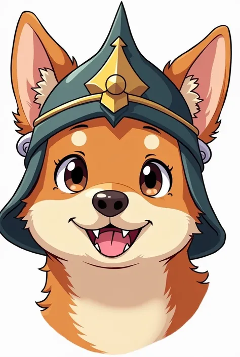 Head of a drawn dog (with warrior hat ) and the dog must be smiling with white teeth ,that appears to be hand drawn and you can see the lines in the drawing (anime) that is not realistic 
