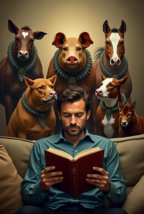 

"In a cozy reading room, a man is immersed in reading &#39;Animal Farm&#39;. The man, with an expression of concentration and reflection, holds the open book in his hands. In the background, the living room wall is decorated with elements inspired by the...