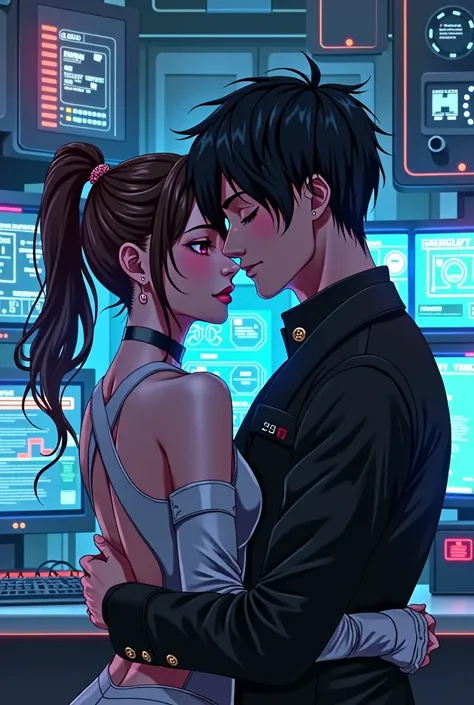 Cyberpunk gay couple hugging looking at the camera, anime style:1.5, cyber computing station, terminals, neon lights, cinematic lighting, Hollywood Style
