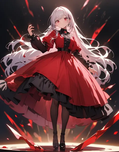 masterpiece, highest quality, Very detailed, figure, 20 years old, One girl, confident、Charm Points、long hair, white hair, red eyes, (The theme is fantasy modern aristocrat mix fashion)、red dress and suit, elegan、modernism、impressionism、(Full Body)、roses p...