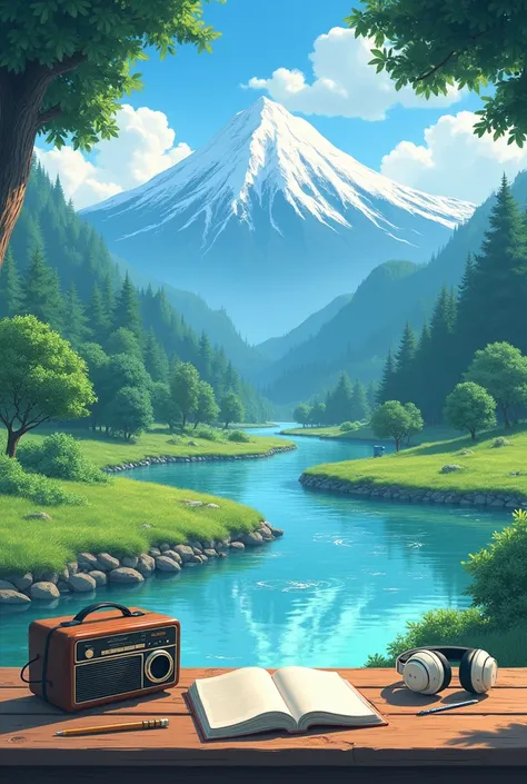 Ghibli anime art style, extreme wide shot camera. A clear, sparkling river winds through a beautiful landscape, framed by a majestic, towering mountain in the distance. On a simple wooden table in the foreground, there is a vintage radio, a pair of headpho...