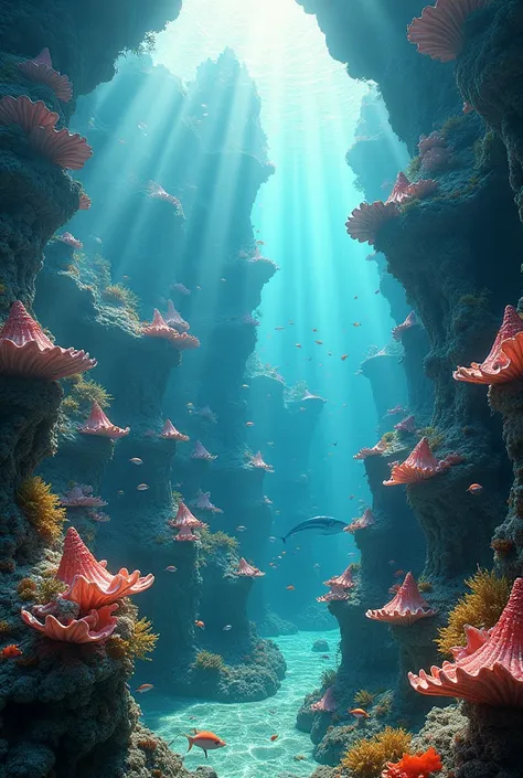 (photorealism:1,2) a underwater city, made of colorful sea conchs, beams of sunlight coming from above, 