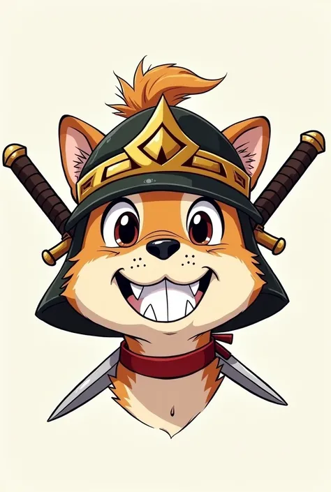 Head of a drawn dog (with warrior hat ) and the dog must be smiling with white teeth ,that appears to be hand drawn and you can see the lines in the drawing (anime) that is not realistic With a double sword behind him it is not realistic And I just want hi...