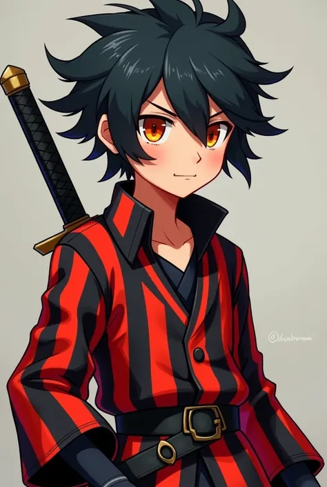 Boy with black hair, orange eyes, red striped clothes with black sword on the back, black gloves in the style of Pokemon