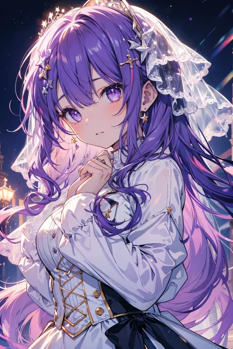 👰🏻‍♀️😆🌙🌠💐⛪, more_details:-1, more_details:0, more_details:0.5, more_details:1, more_details:1.5, Hoshino Ai, long hair, purple hair, streaked hair, purple eyes, star-shaped pupils, hair ornament