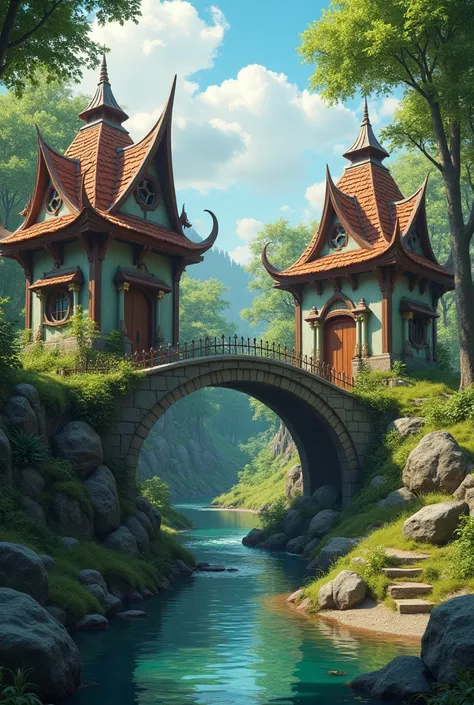 A zoo-like sanctuary for magical creatures, surrounded by forest and with a stream running through the middle with a stone bridge over it, connecting both sides of the stream, and on each side buildings intended for animals 