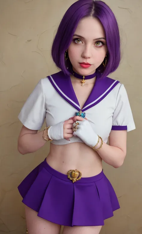 (masterpiece, best quality), 1girl,   sailor saturn, (purple eyes:1.1), short hair, purple hair, circlet,, brooch, choker, earrings, gloves, jewelry, magical girl, miniskirt, purple sailor collar, sailor collar, sailor senshi uniform, skirt, star choker, w...