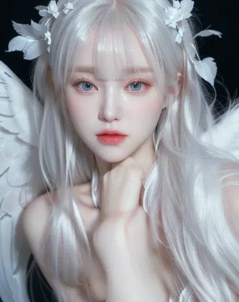 a close up of a woman with white hair and angel wings, with white long hair, pale milky white porcelain skin, porcelain white skin, pale porcelain white skin, of an beautiful angel girl, with long white hair, ethereal beauty, angelic face, anime barbie in ...