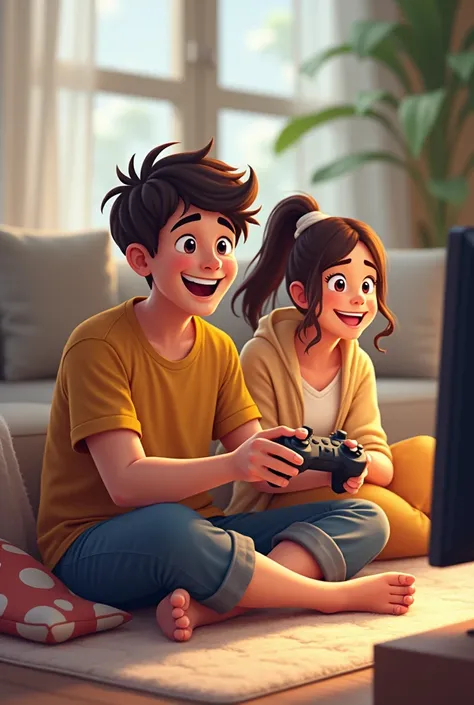 

"In a comfortable living room, a 2 man is sitting on a mattress on the floor, playing &#39;GTA V&#39; on a video game console with great concentration. He wears a headset and holds the game controller. Next to you, Your mother, a chubby woman with a welc...