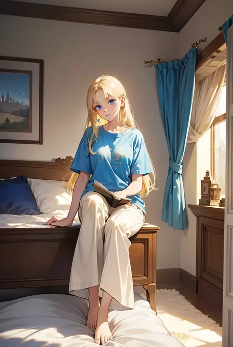 young woman, Blonde hair, Blue eyes,oversized t-shirt, wide home pants, one leg is bent at the knee, reads the book attentively, in the bedroom, around her are translucent images of castles, people, Fairies, Dragons