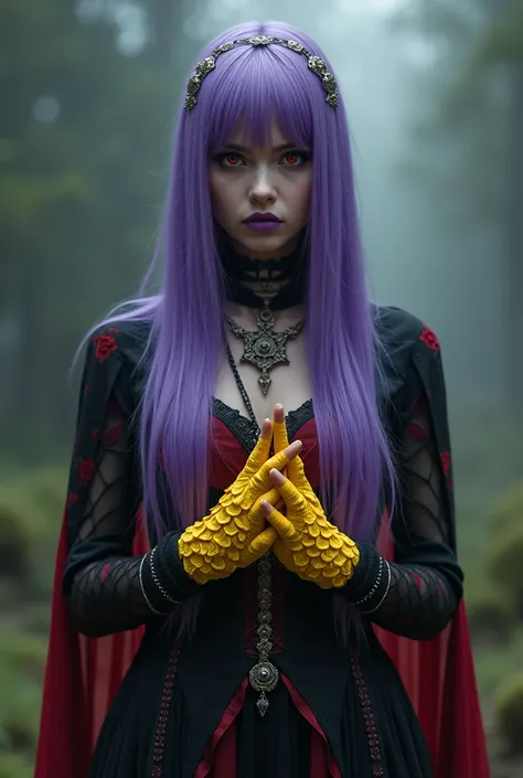 Woman,full body, jellyfish, (feudal middle age:1.1), Slavic appearance, (long straight purple hair gradient pro red), (red eyes), (strong expression look), purple lipstick, fair skin, (black color gothic clothes with red details:1.1), yellow scales on the ...