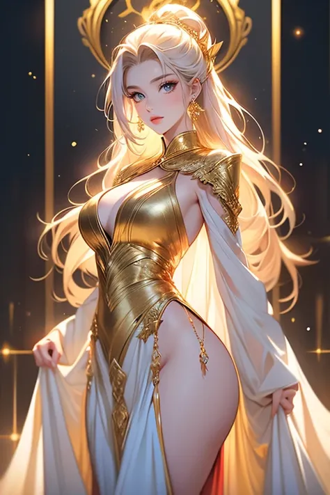 a beautiful lady, with a long golden hanfu, her skin was white and creamy like milk, with a pinkish hue in the sensitive areas that made a beautiful contrast with the golden dress and her full figure, whether it was the hips or the bust, were succulent for...