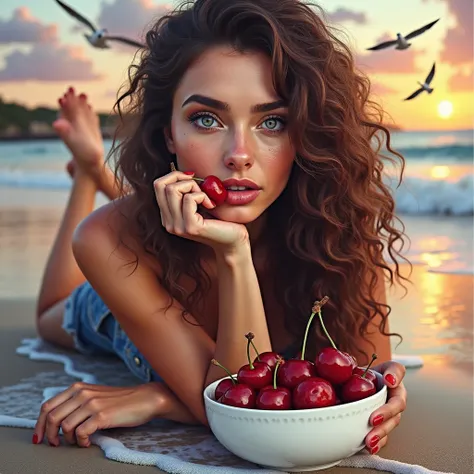 Spanish woman with long curly hair blue eyes full lips, freckles holding a bowl of cherries and a cherry in her mouth lying on the beach with a wave gently lapping at her with seagulls flying and an orange sunset