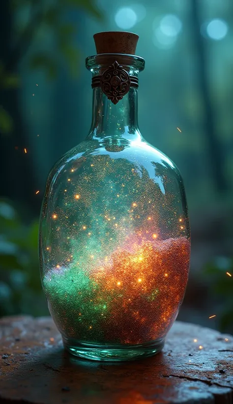 Professional photography, Digital Art, Close-up shot of a magical alchemist glass bottle with、Contains glitter and sparkling light star dust in vibrant gradient colors, Dream Potion, Medieval Theme, Fantasy　The glass bottle is oval、Glass bottle with iron o...