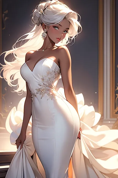 A beautiful lady, with a long white strapless dress her skin was a creamy chocolate tone that made a beautiful contrast with the white dress and her full figure whether hips or bust they were succulent to the eyes, a delicate face, thin lips and thin nose,...