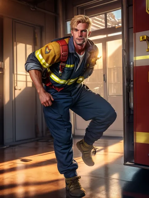 Close up of a male firefighter taking off his clothes at a fire station, seductive facial expression, blond hair, very hairy body, sweat on body, firefighter uniform, firefighter gear, pants down, dynamic pose, staring at viewer, natural light, natural sha...