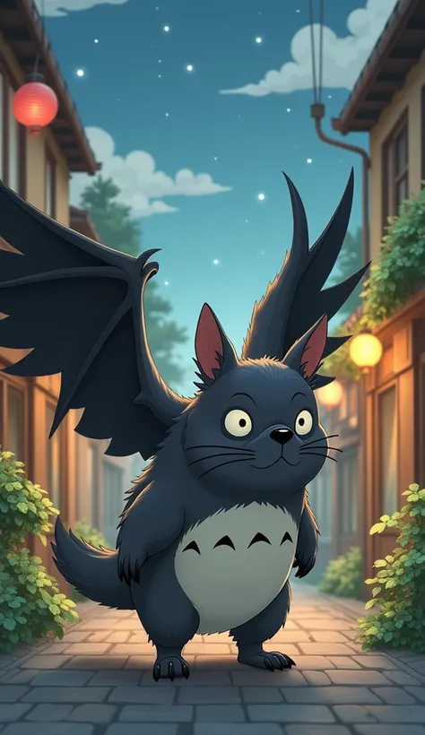 One dog　A fantasy combination of a French bulldog, Totoro, and a crow.、Ghibli-style streetscape　