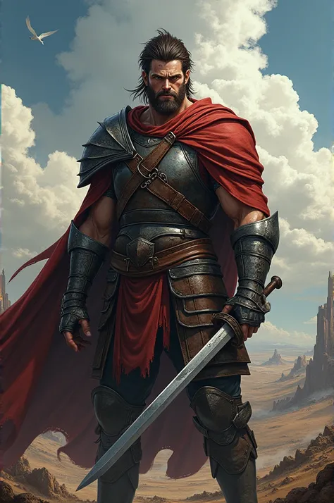 Style anime , conceptual male character, medieval warrior character, holding a sword, warrior outfit , serious or angry face, average or tall height , dark brown hair, brown eyes, strong and defined body, some scars, scar on the face, perfect quality, amaz...