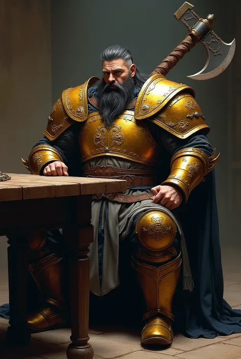 Make a tall, dark-haired man in thick clothing covered in golden armor., he carries on his back a huge axe. His physique is more than athletic. He is in a room sitting on a chair at a wooden table.. 