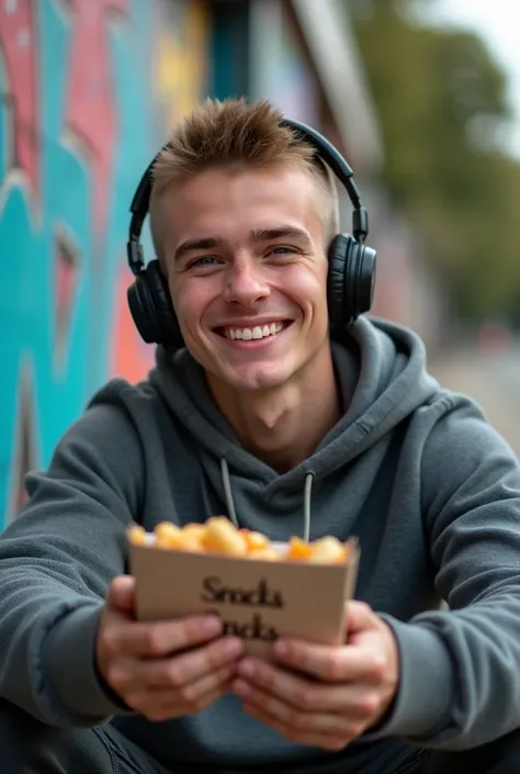 Skater boy, in his 20s, European type, buzz cut, sitting by the graffiti wall , listening music over the headphones, smiling, holding pack of snacks, hyperdetailed photography, front low angle shot, depth of field, close up, ultrarealistic, soft lighting, ...