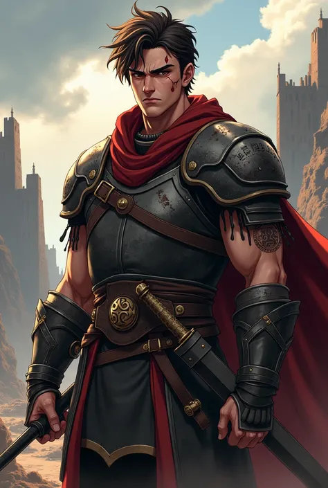 Style anime , conceptual male character, medieval warrior character, holding a sword, warrior outfit , serious or angry face, medium or tall height , short dark brown hair, brown eyes, strong and defined body, some scars, scar on the face, perfect quality,...