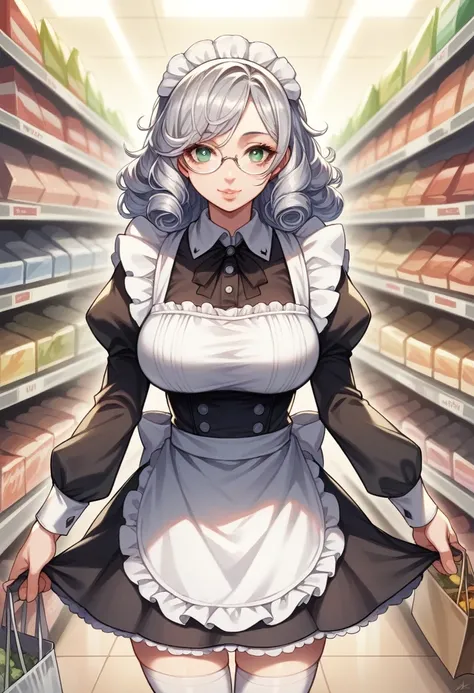 young, girl, green eyes, glasses, silver hair, curly hair, large breasts, masterpiece, best quality, high resolution, beautiful detailed eyes, extremely detailed face, good lighting, detailed CG, messy hair, glossy lips, maid, short puffy sleeves, small ma...