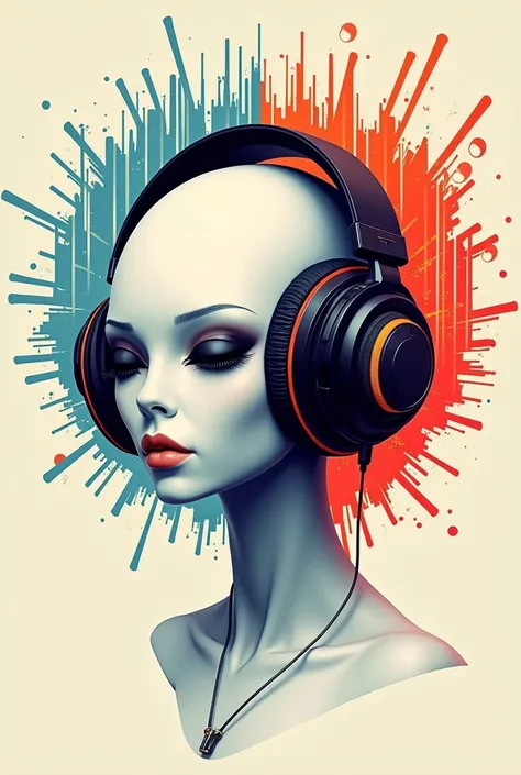 An image for a song cover where an Alien head appears with a good look, minimalist style, with headphones where it is noticeable that he is enjoying the music a lot, with visual effects around the headphones as if they were stylized sound waves with modern...