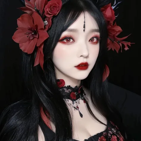 araffe woman with black hair and a red flower in her hair, japanese gothic, 1  anime goth girl, pale goth beauty, gothic face, cruel korean goth girl, gothic aesthetic, beautiful necromancer girl, with black sclera eyes, beautiful vampire queen, gothic gir...