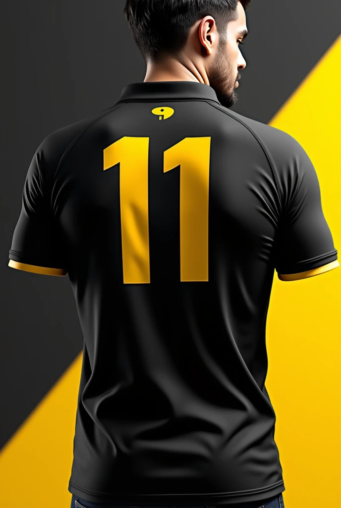 Make me a lay out polo shirt in the back indicate number 11 and logo on the upper neck the color is black and yellow