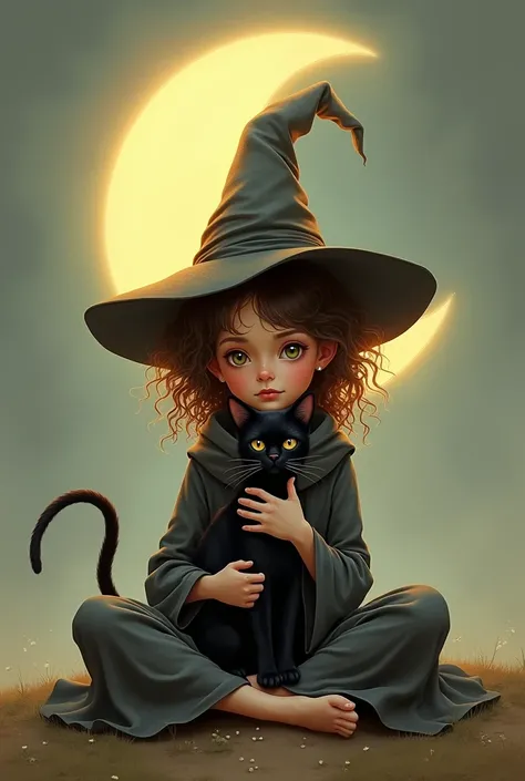 a 4x4 image of a curly-haired little witch with a crescent moon behind her and a black cat on her lap