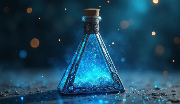 Professional photography, Digital Art, Close-up shot of a magical alchemist glass bottle with、Contains glitter and sparkling light star dust in vibrant gradient colors, Dream Potion, Medieval Theme, Fantasy　The glass bottle is triangular、Glass bottle with ...