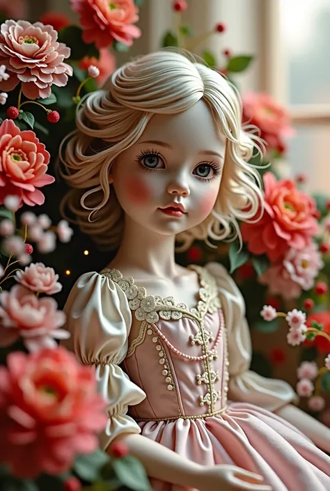 Doll with flowers around it
