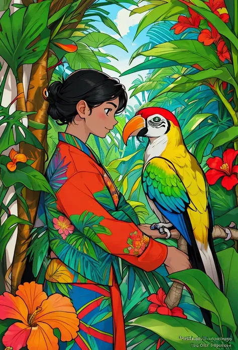 Design a vibrant, playful, and richly detailed cover for a childrens coloring book titled Animais Tropicais. The cover should feature a colorful jungle scene with exotic animals like  jaguars, toucans, and parrots, surrounded by lush tropical plants and fl...