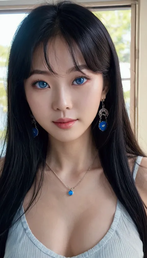 A Korean woman with soft and youthful skin, medium breasts blue eyes and long black hair with blue tips looking fixedly at the camera, necklaces, and earrings( face only photo), mouth umbre lips, and light makeup, making rock symbol with hands towards face...