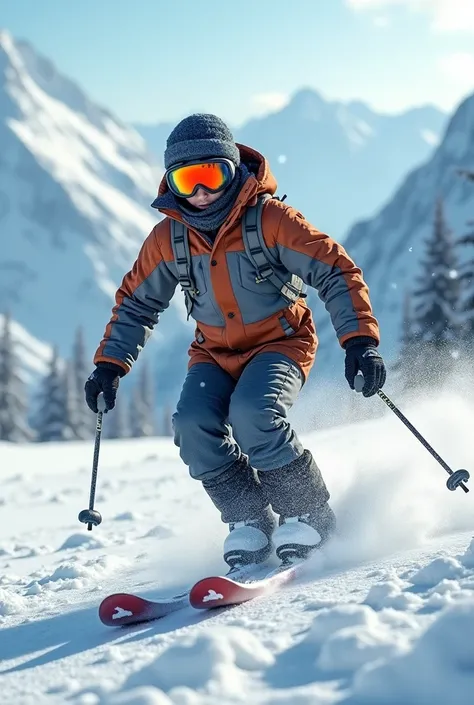 Young man in snow clothes and skiing, very realistic pictures 