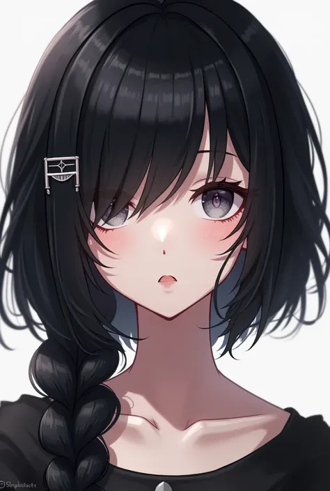 Anime girl  with the right half of her hair covering her face and with an buckle on the left in her hair, with an black hair 