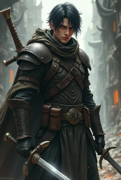 hunter, 18 years, evil look, 2 swords, leather armor and camouflage, details, Black hair, brown eyes, Anime style, medieval times