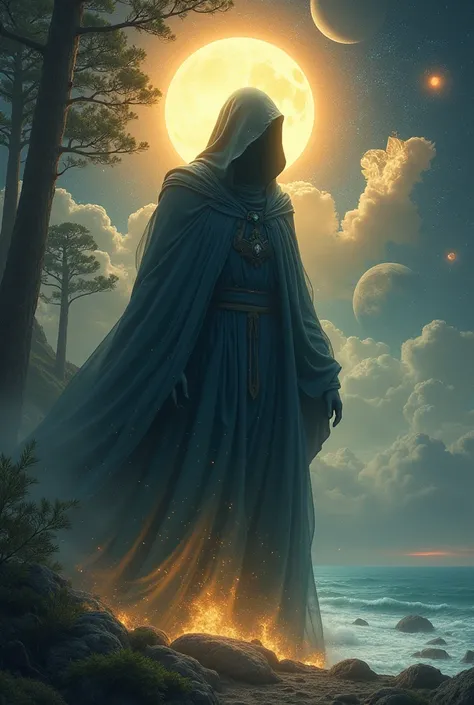 create the image of a mysterious yet extremely powerful being hidden in a cloak. The visual scene can include the sun, moon, stars, planets, animals, trees, ocean, angels, so that it shows the beauty and mysteries of the universe and its creation.