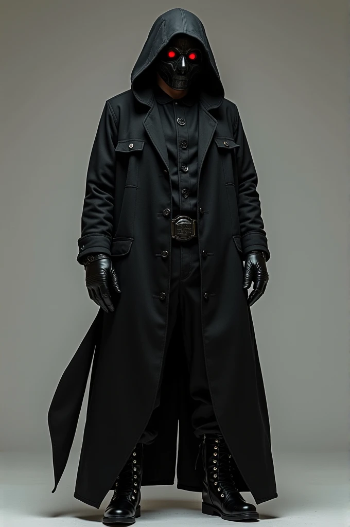 ((best quality)), ((masterpiece)), (detailed), (man), (Long black cotton cardigan with hood), (black polycarbonate mask), (red eyes), (black leather gloves), (black punk boots), (without collars), (Black military Caffarena), (black military pants)